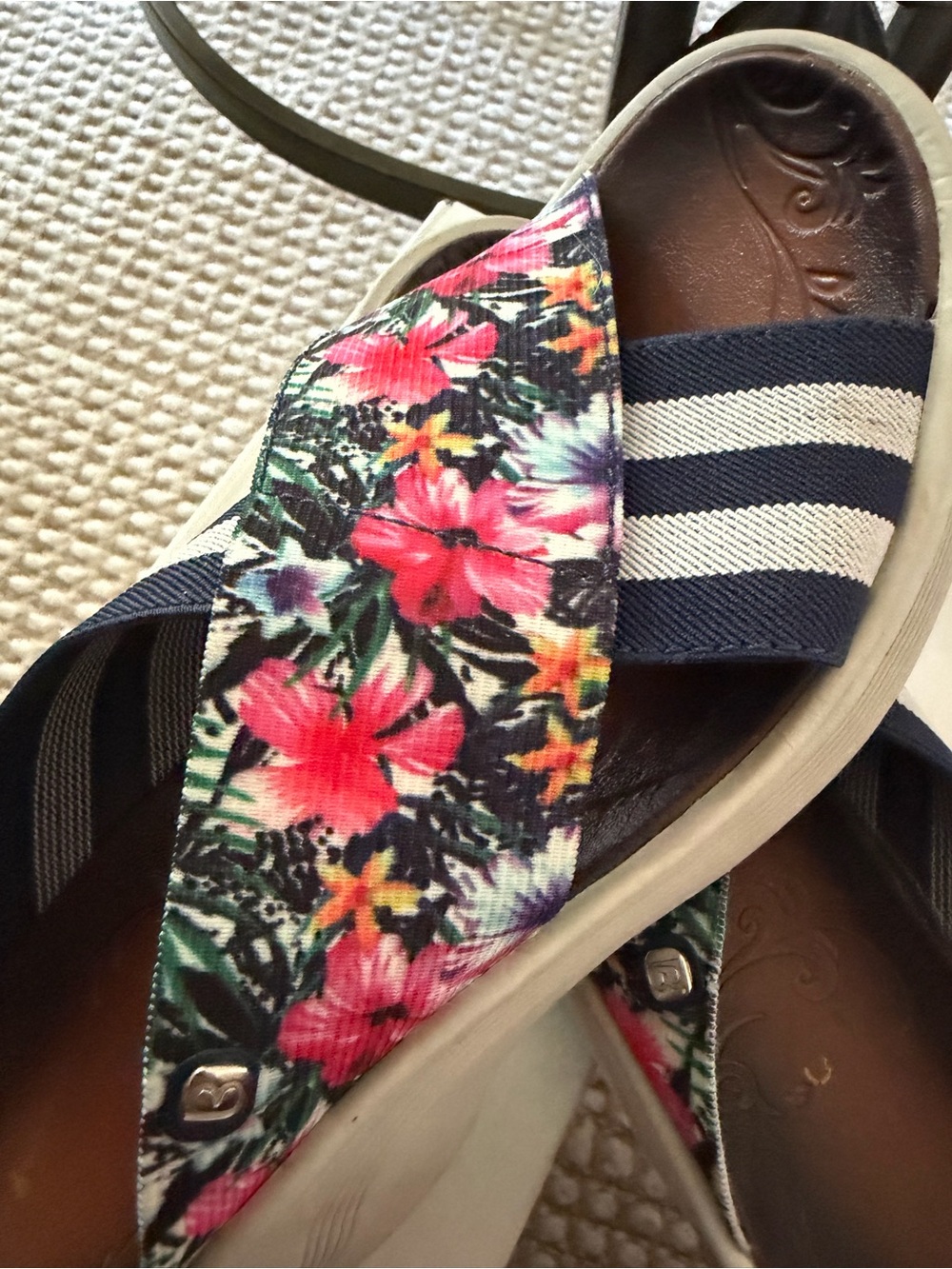 Bzees Navy and Pink Floral Cross-Strap Slide Sandals - Picture 5 of 7